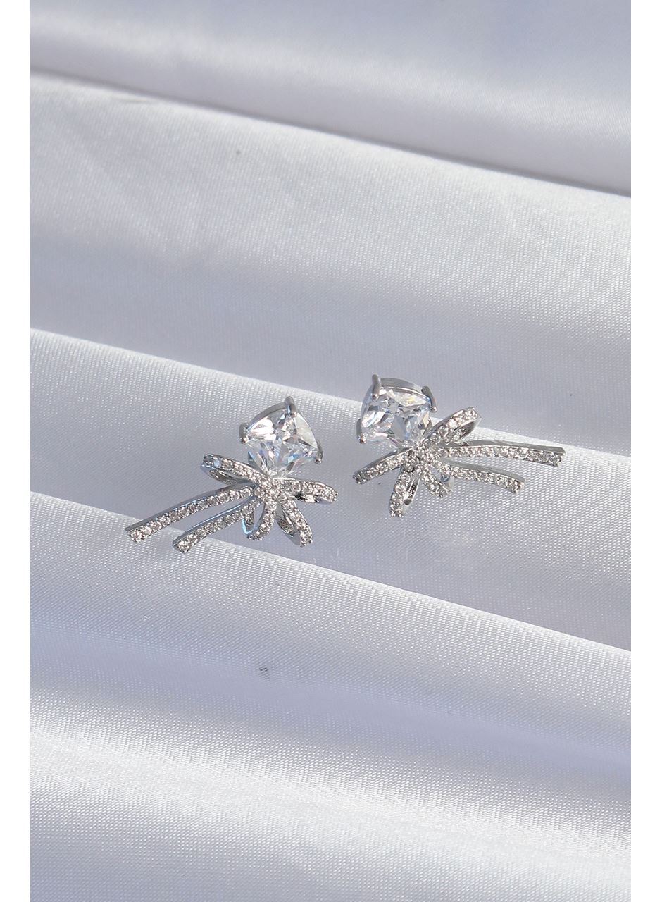 Pirinç Gümüş Renk Kare Zirkon Taşlı Fiyonk Küpe