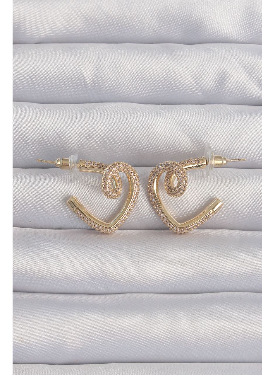 Pirinç Gold Renk Zirkon Taşlı Kıvrımlı Yarım Kalp Küpe
