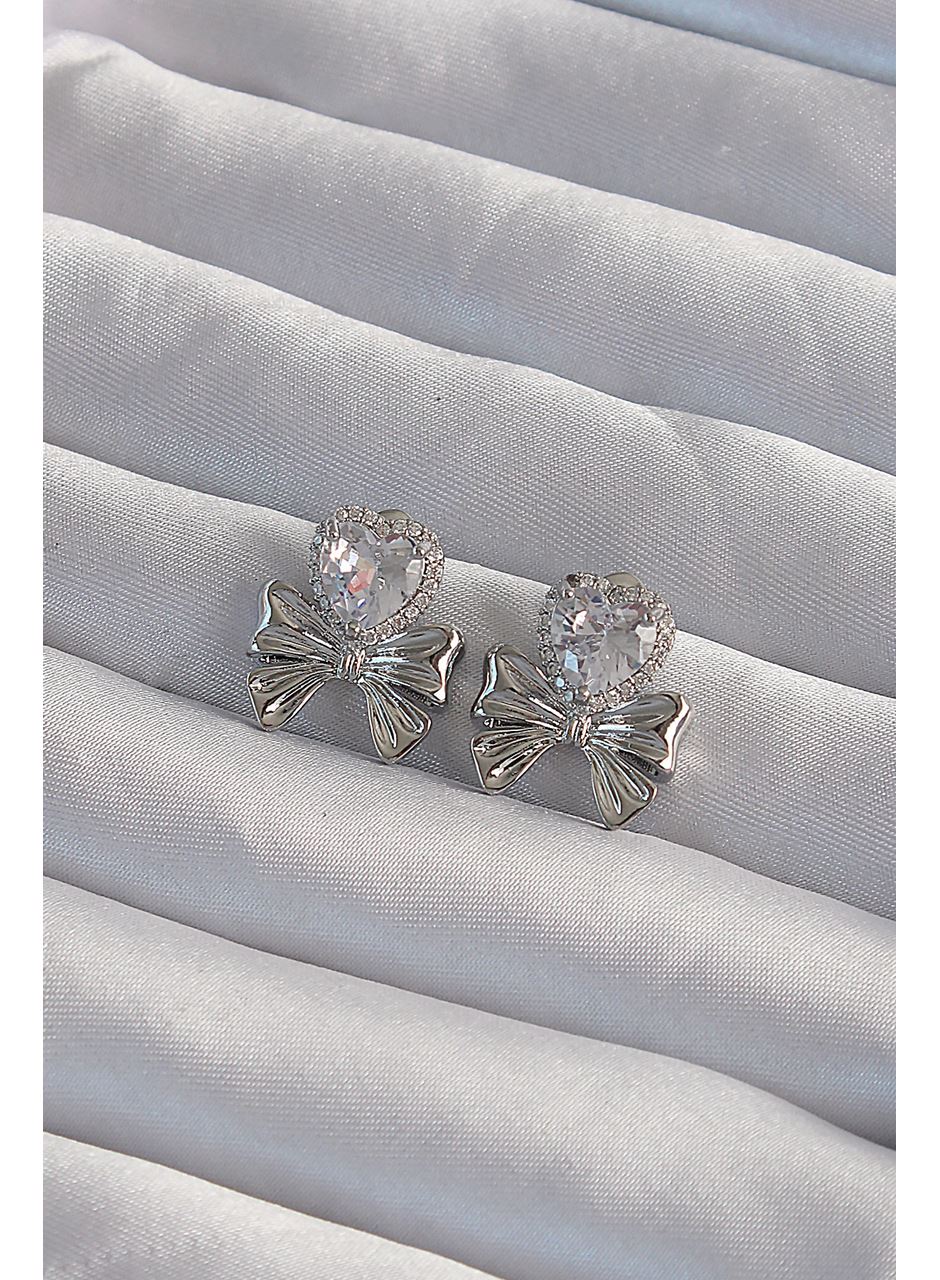 Pirinç Gümüş Renk Zirkon Taşlı Kalp Model Fiyonk Küpe