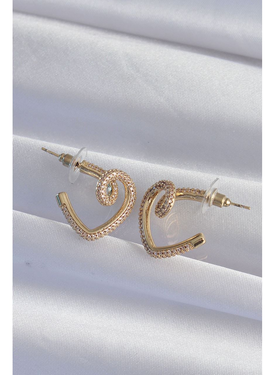 Pirinç Gold Renk Zirkon Taşlı Kıvrımlı Yarım Kalp Küpe