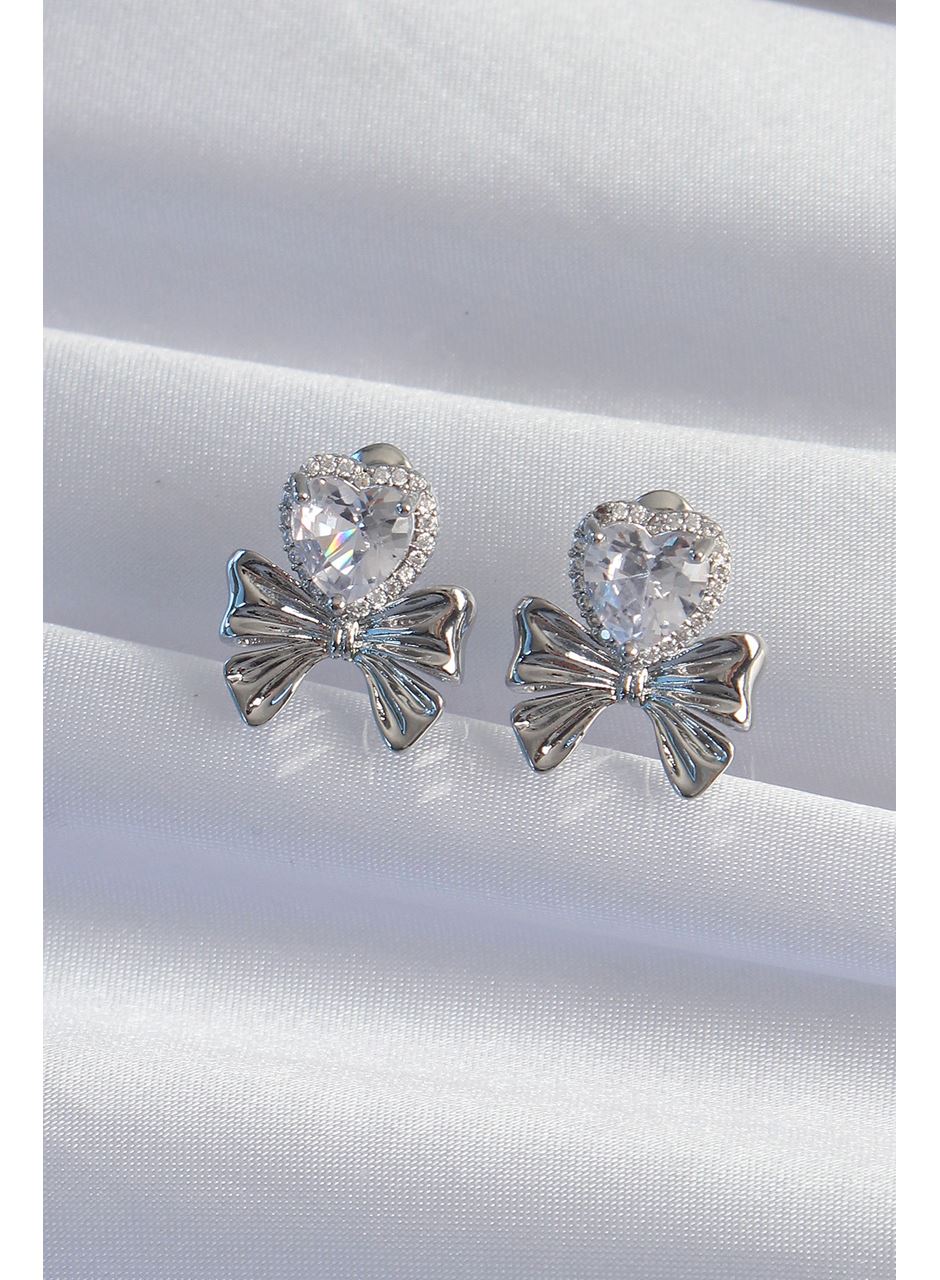 Pirinç Gümüş Renk Zirkon Taşlı Kalp Model Fiyonk Küpe