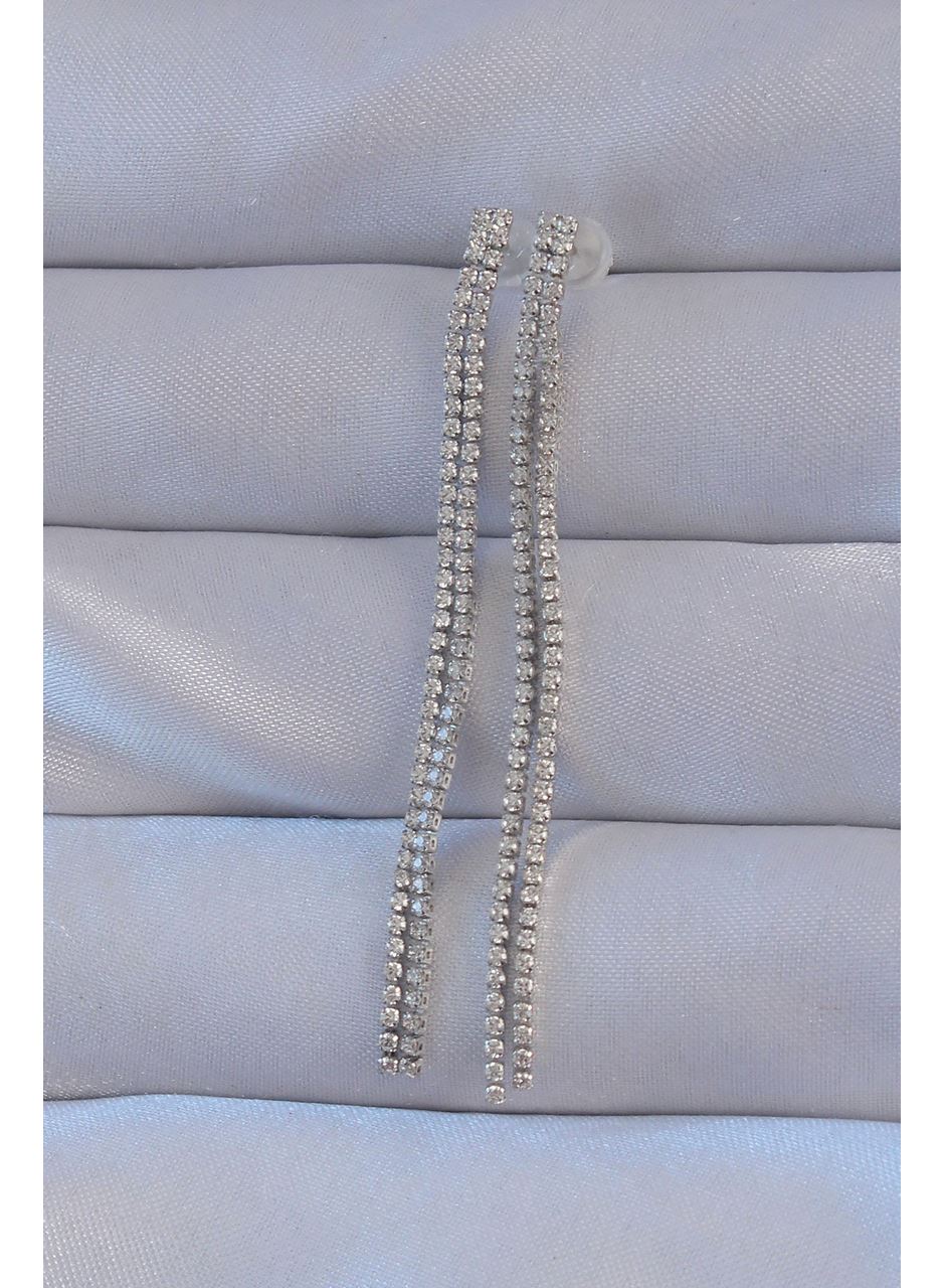 Pirinç Gümüş Renk Zirkon Taşlı Su Yolu Model Küpe