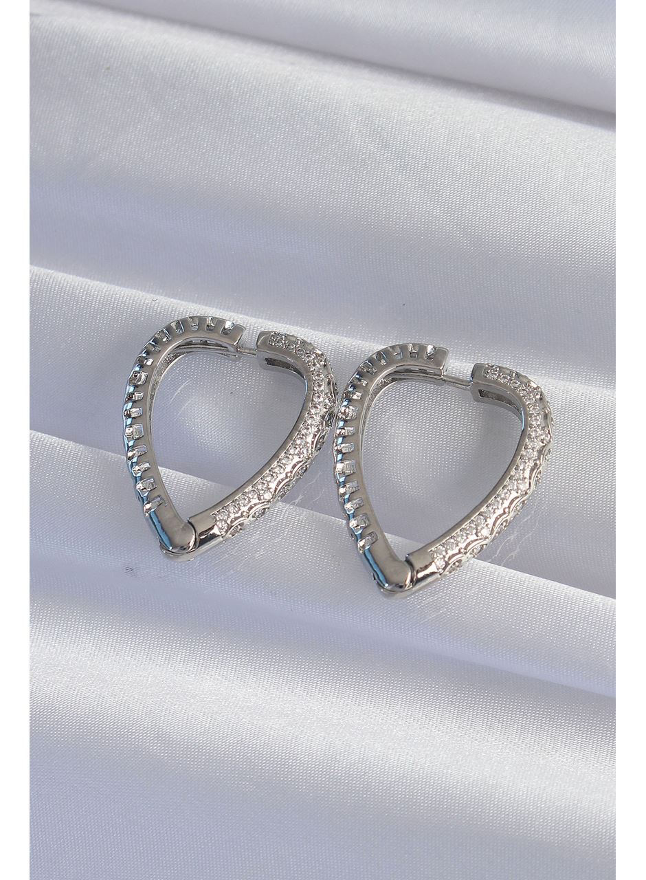 Pirinç Gümüş Renk Zirkon Taşlı Motifli Kalp Küpe