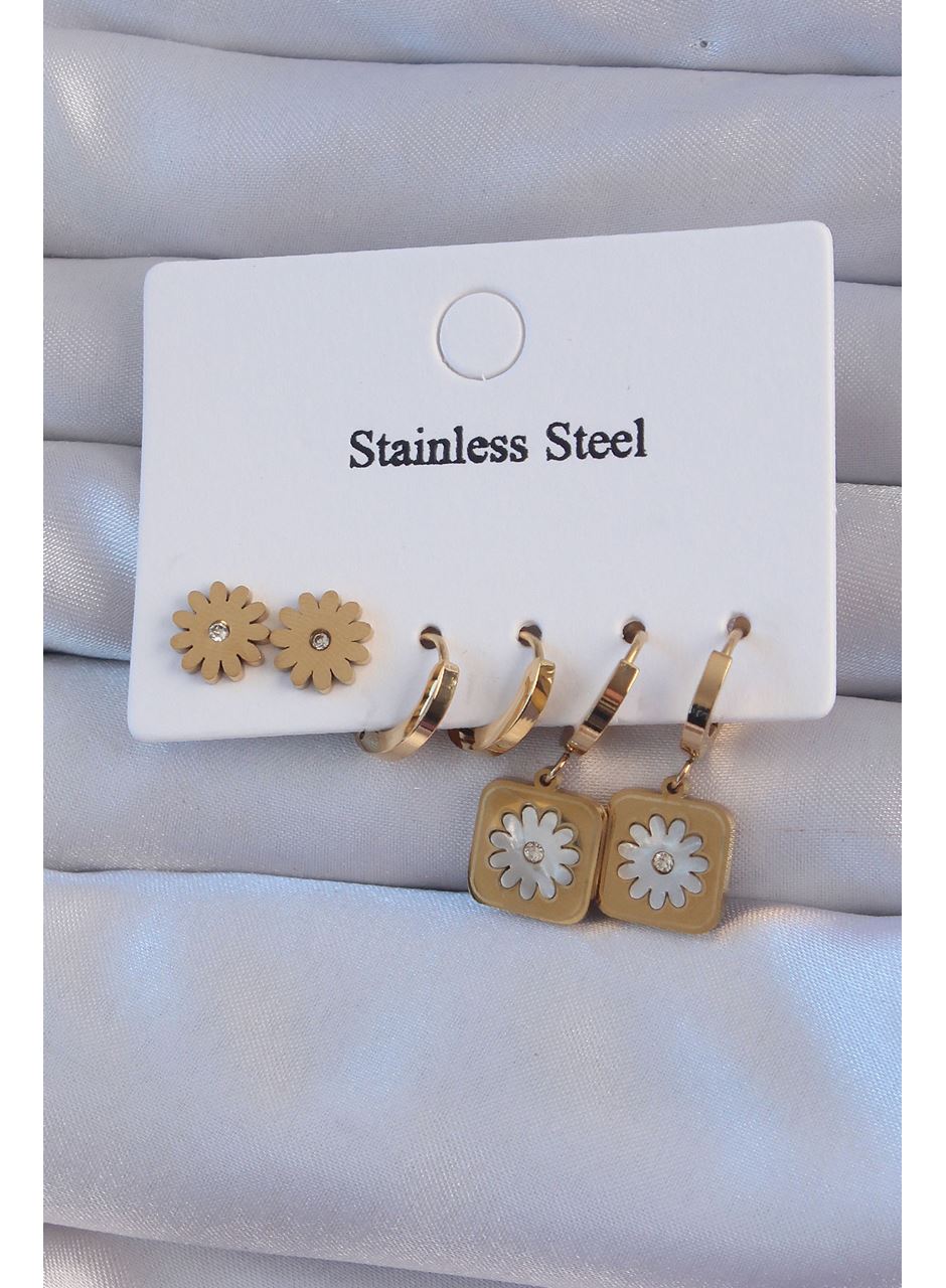 316L Çelik Gold Renk Zirkon Taşlı Sedefli Papatya Model Halka Küpe Seti