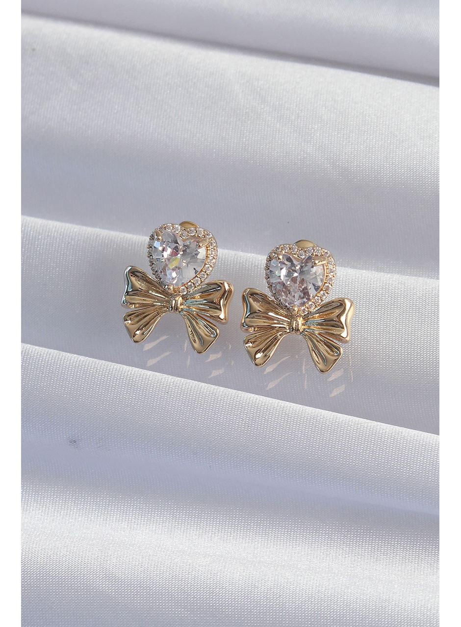 Pirinç Gold Renk Zirkon Taşlı Kalp Model Fiyonk Küpe