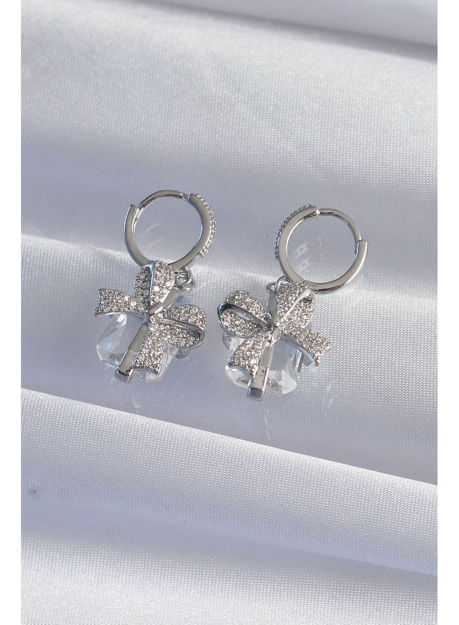 Pirinç Gümüş Renk İri Zirkon Taşlı Fiyonk Model Halka Küpe