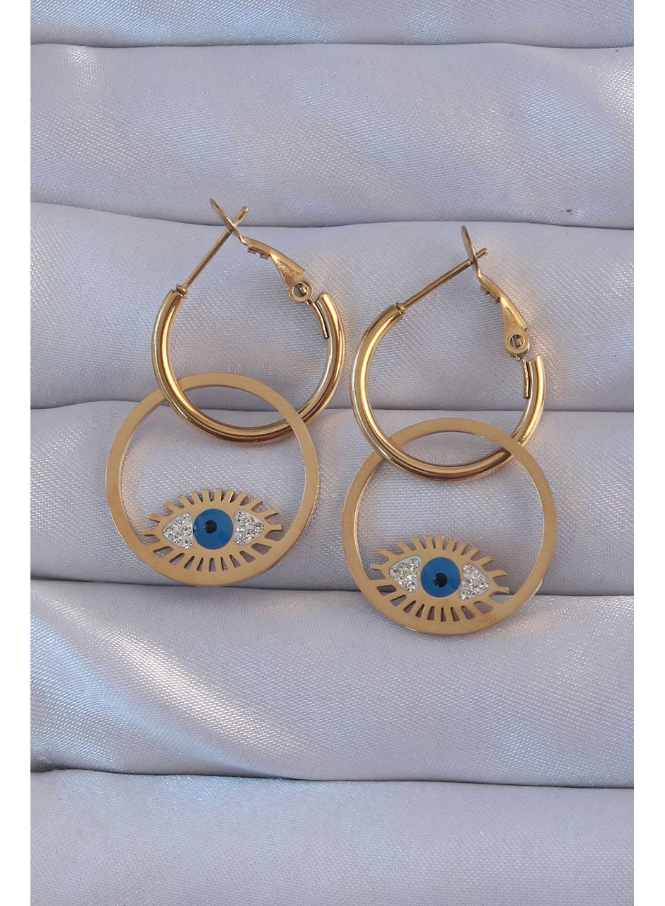 316L Çelik Gold Renk Zirkon Taşlı Mavi Göz Tasarımlı Halka Küpe