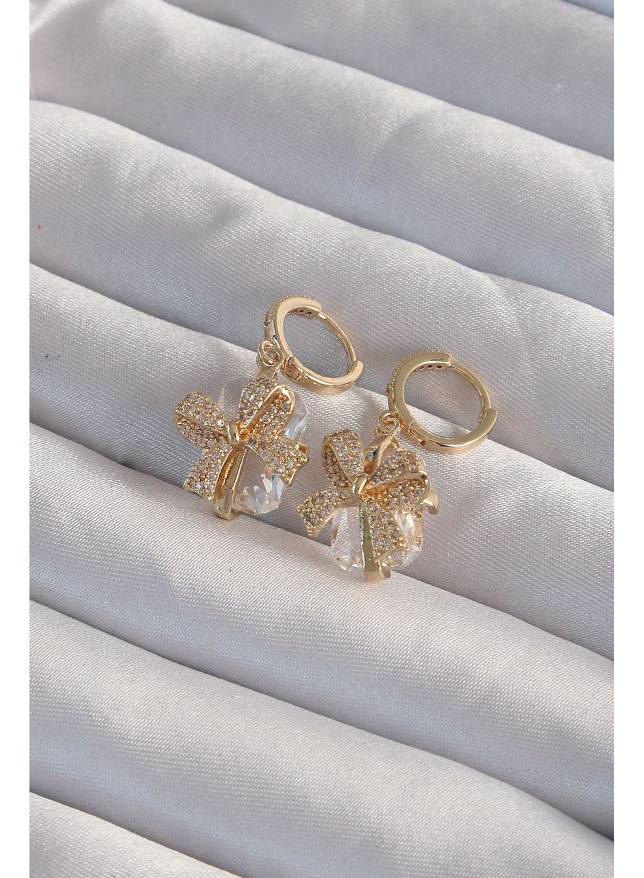 Pirinç Gold Renk İri Zirkon Taşlı Fiyonk Model Halka Küpe