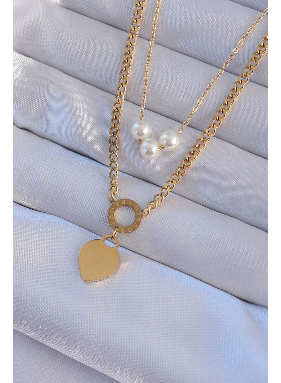 316L Çelik Gold Renk Çift Zincir İnci Detayı Love Kalp Kolye
