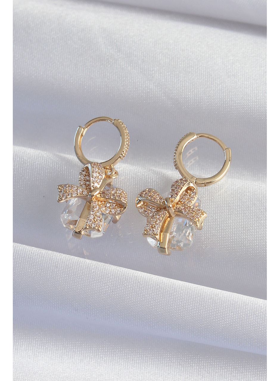 Pirinç Gold Renk İri Zirkon Taşlı Fiyonk Model Halka Küpe