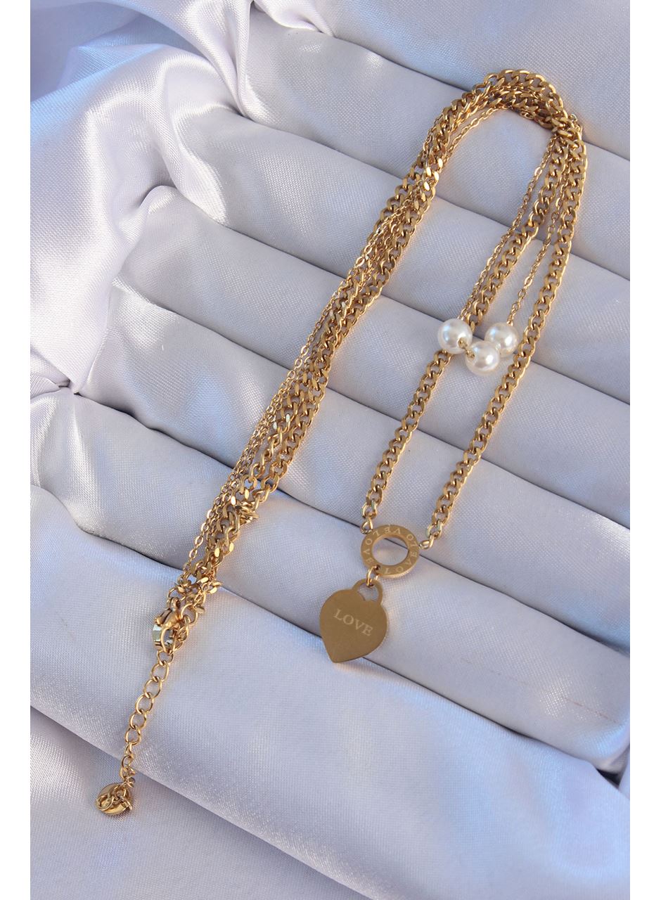 316L Çelik Gold Renk Çift Zincir İnci Detayı Love Kalp Kolye
