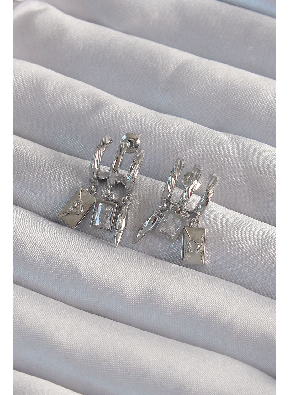 Pirinç Gümüş Renk Zirkon Taşlı Çoklu Aksesuarlı Yarım Halka Kaburga Küpe