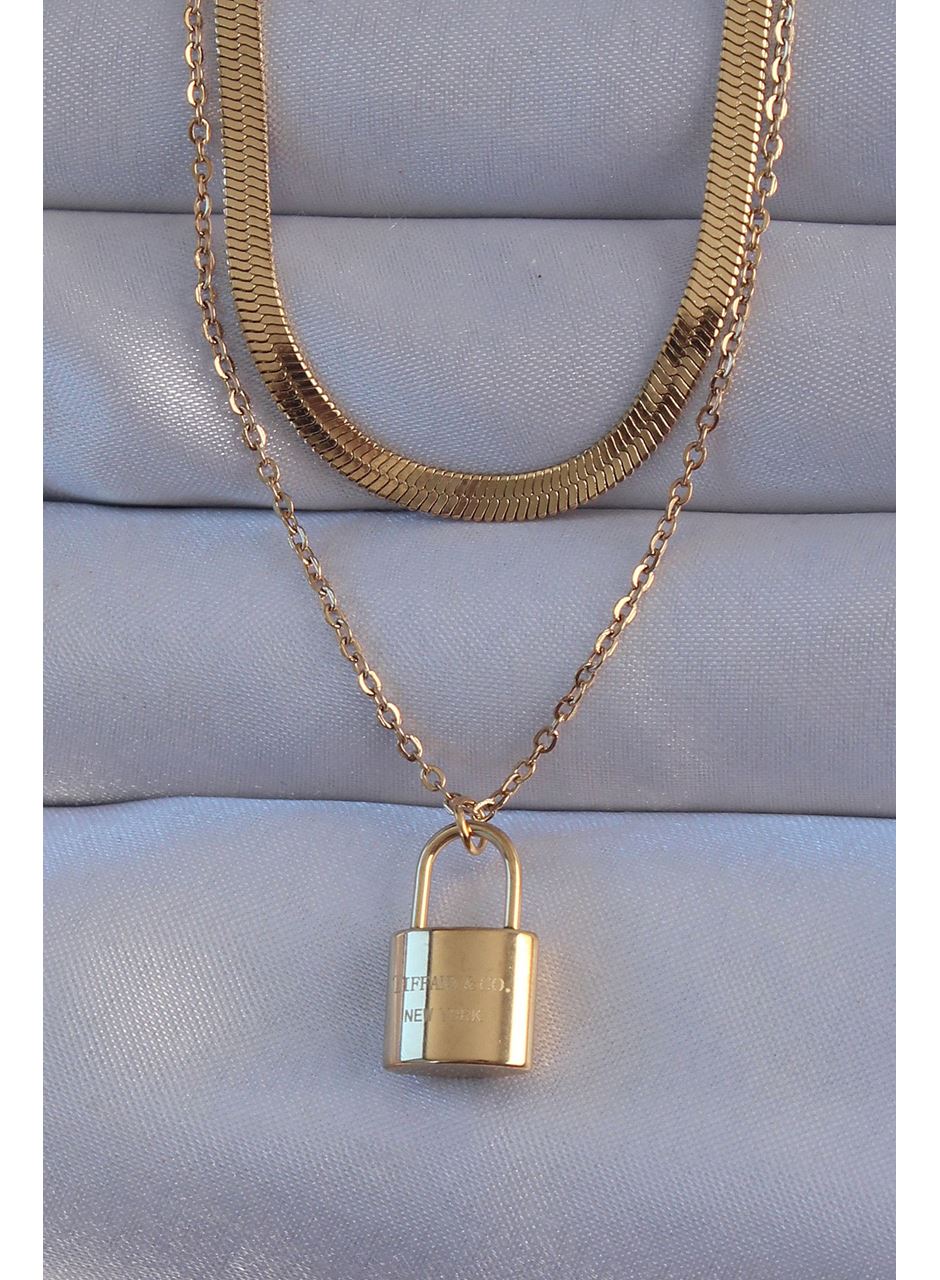 316L Çelik Gold Renk Çift Zincir Kilit Model Kolye