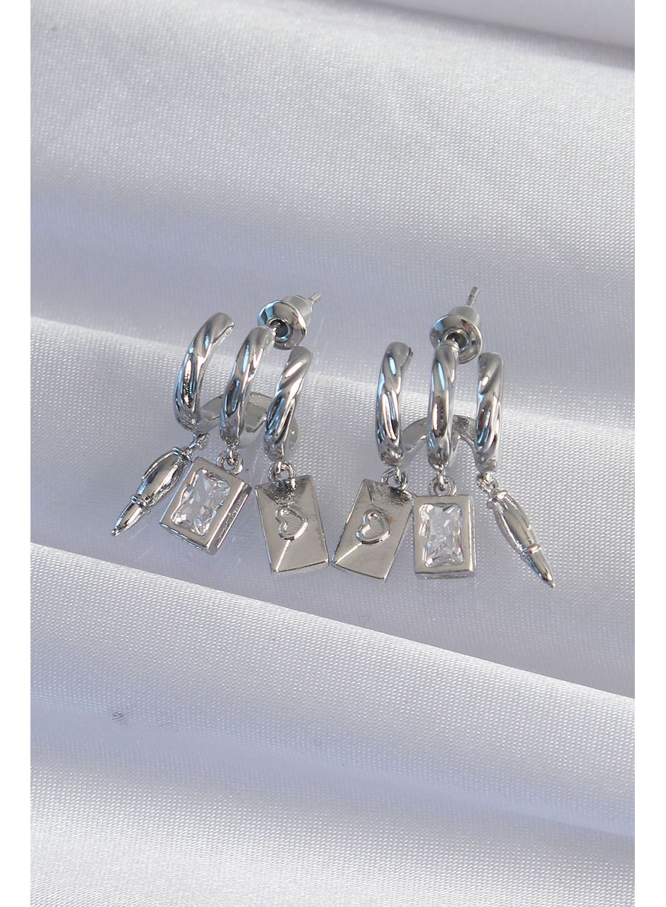 Pirinç Gümüş Renk Zirkon Taşlı Çoklu Aksesuarlı Yarım Halka Kaburga Küpe