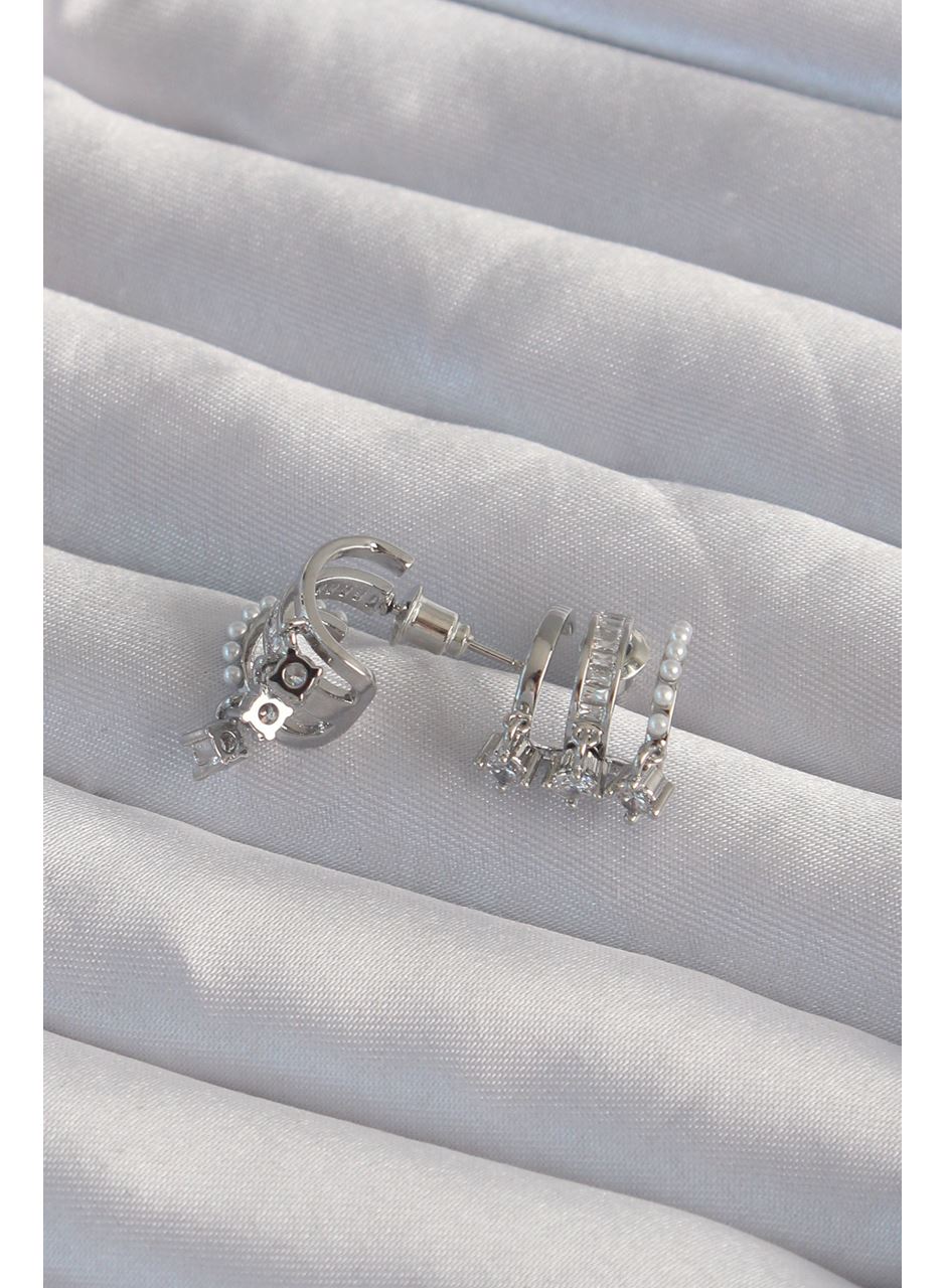 Pirinç Gümüş Renk İncili Çoklu Zirkon Taşlı Yarım Halka Küpe