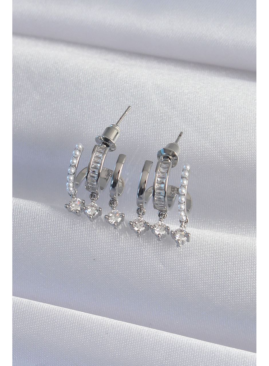 Pirinç Gümüş Renk İncili Çoklu Zirkon Taşlı Yarım Halka Küpe