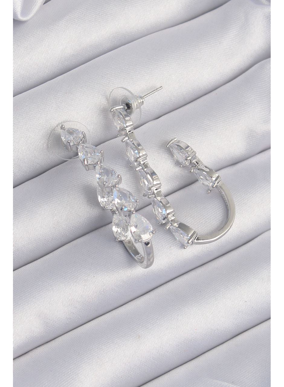 Pirinç Gümüş Renk Damla Zirkon Taş Tasarımlı Küpe