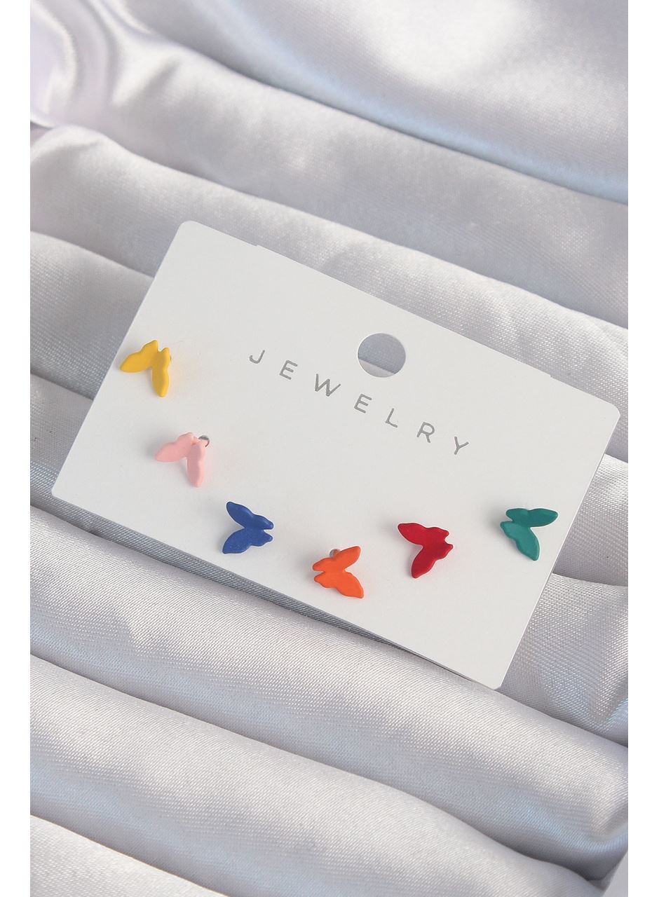 Pirinç Rengarenk Mineli Minimal Kelebek Küpe Seti