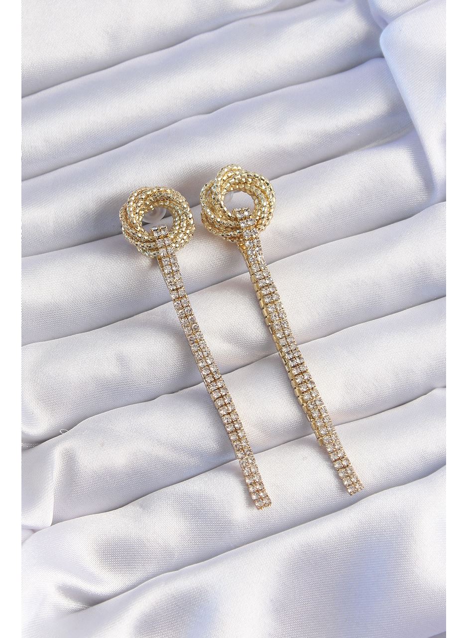 Pirinç Gold Renk Zirkon Taşlı Kıvrım Detay Sallantılı Küpe