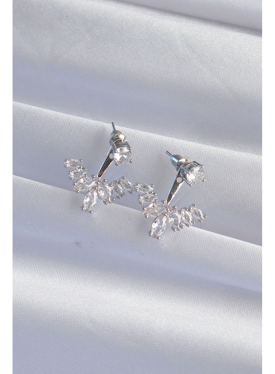 Pirinç Gümüş Renk Zirkon Taşlı V Model Küpe