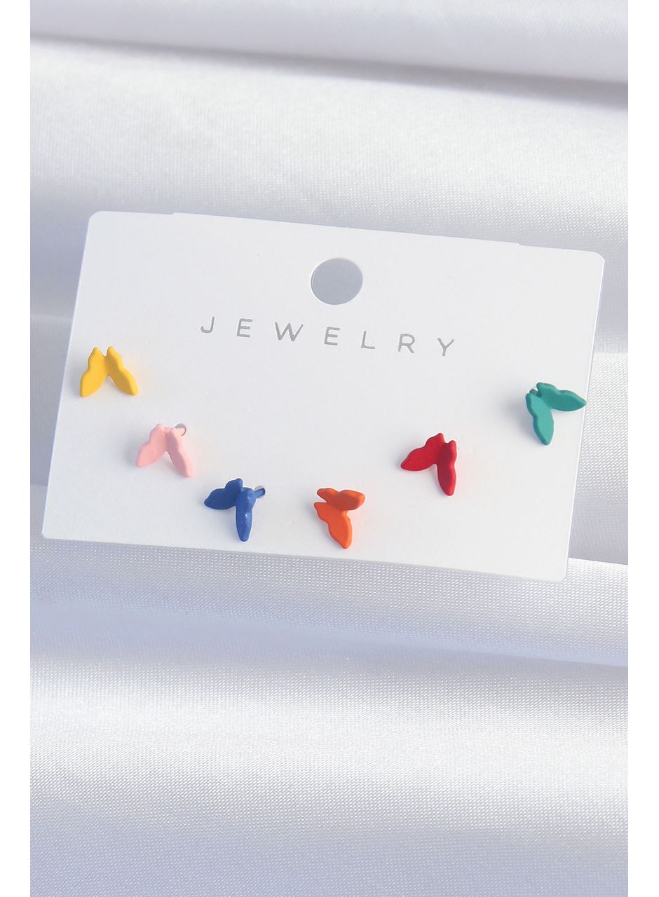 Pirinç Rengarenk Mineli Minimal Kelebek Küpe Seti