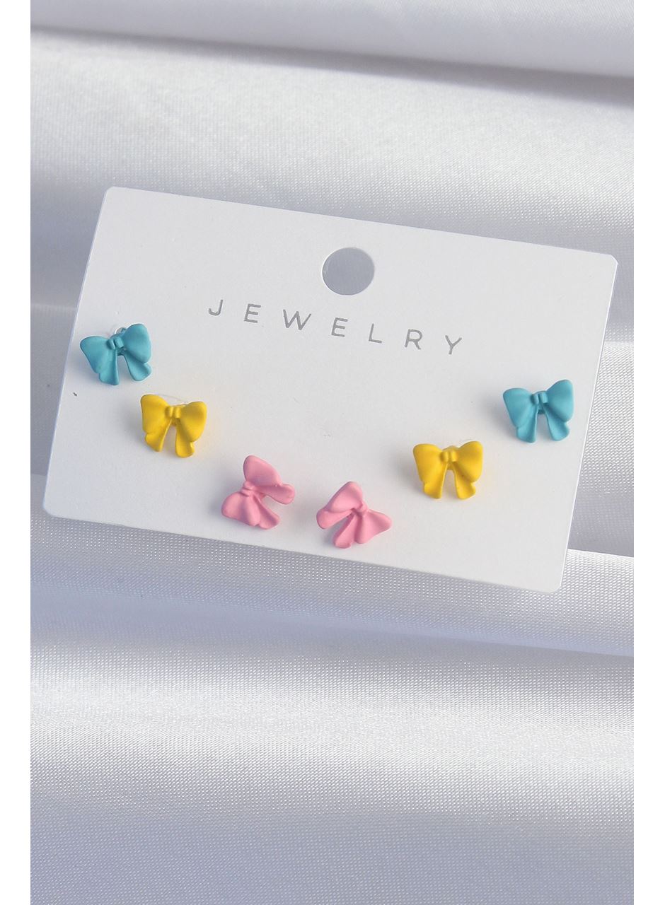 Pirinç Rengarenk Mineli Minimal Fiyonk Küpe Seti