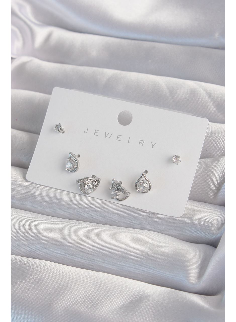 Pirinç Gümüş Renk Zirkon Taşlı Damla Model Küpe Seti