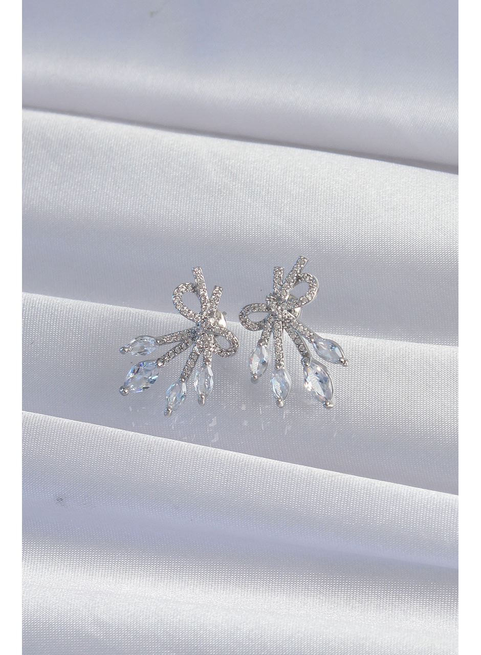 Pirinç Gümüş Renk Zirkon Taşlı Fiyonk Küpe