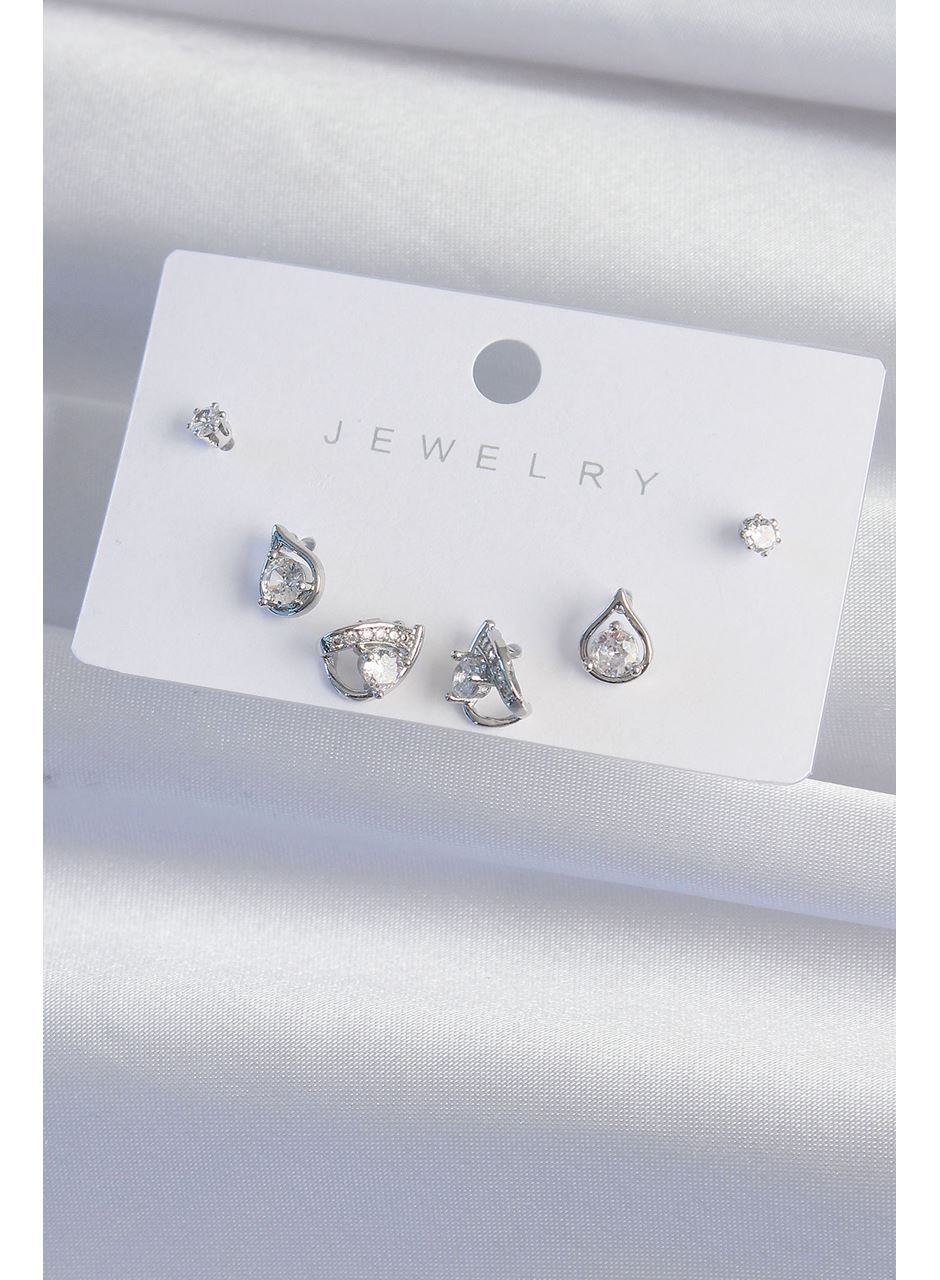 Pirinç Gümüş Renk Zirkon Taşlı Damla Model Küpe Seti