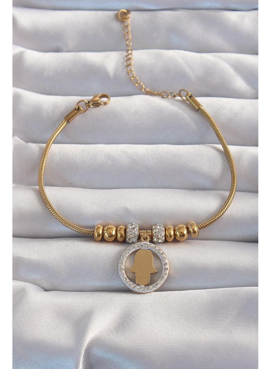 316L Çelik Gold Renk Zirkon Taş Aksesuarlı Fatma Ana Eli Bileklik