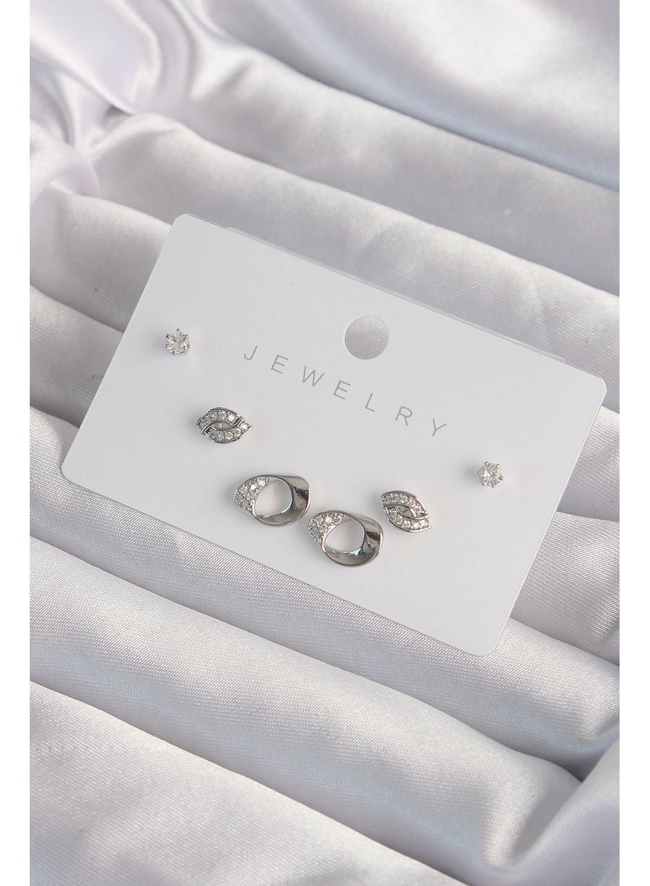 Pirinç Gümüş Renk Zirkon Taşlı Yaprak Model Küpe Seti