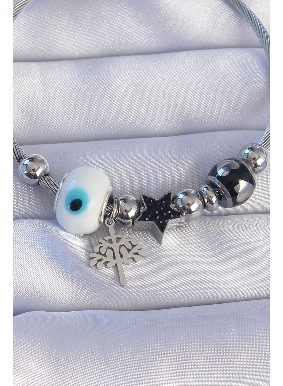 316L Çelik Gümüş Renk Siyah Zirkon Taşlı Yıldız Tasarımlı Ağaç Detay Nazarlı Charm Bileklik