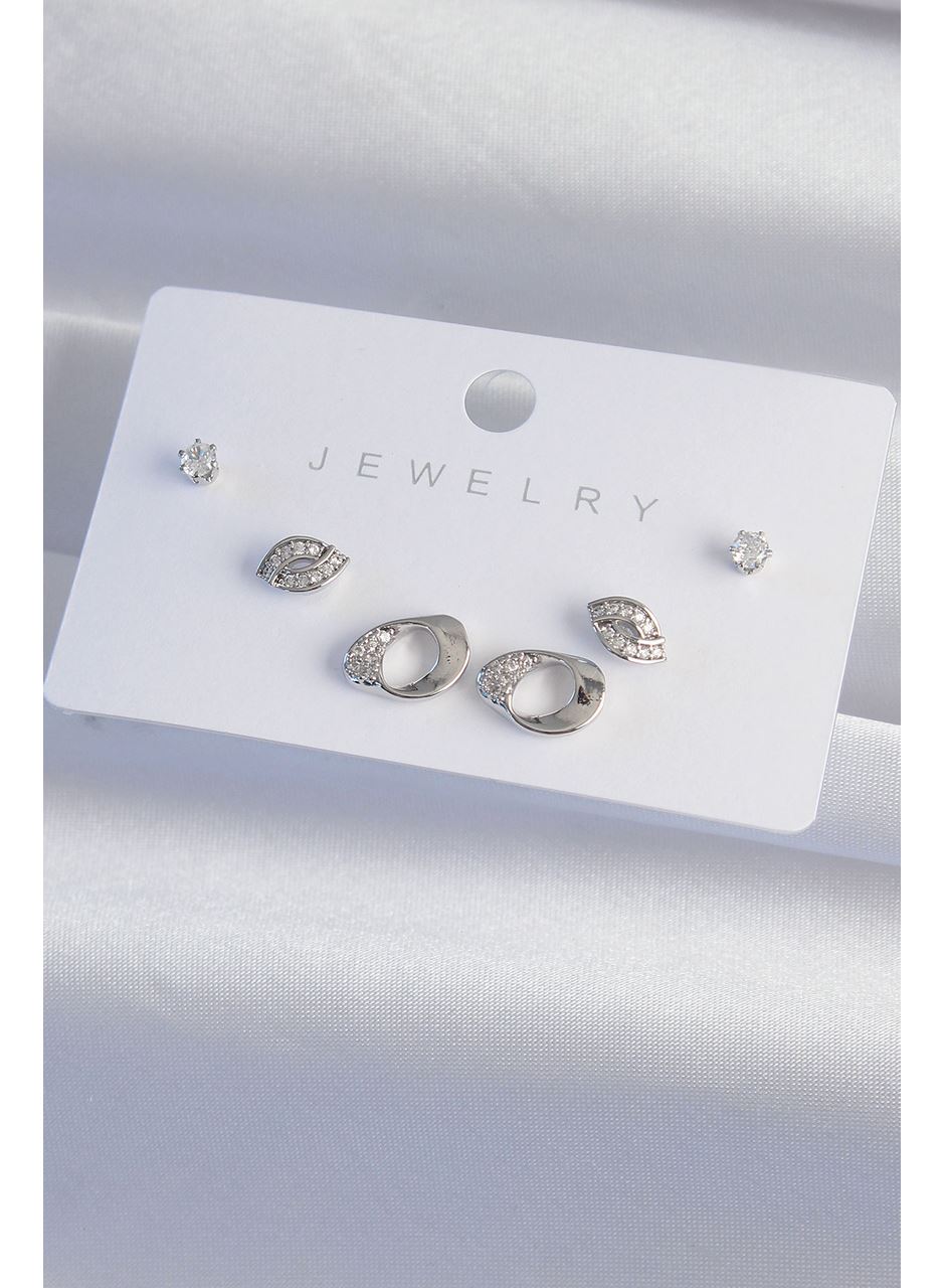 Pirinç Gümüş Renk Zirkon Taşlı Yaprak Model Küpe Seti