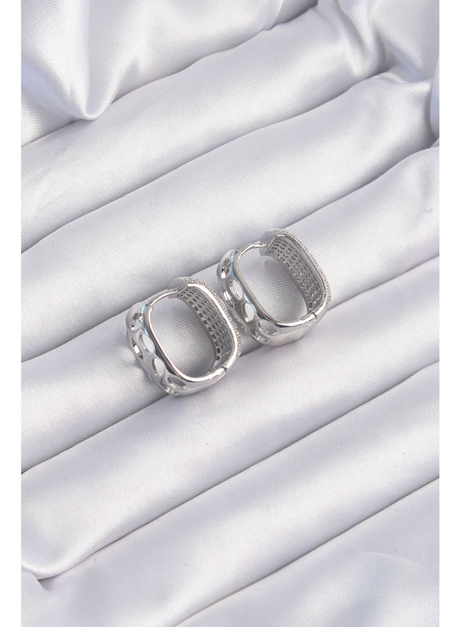 Pirinç Gümüş Renk Zirkon Taşlı Minimal Halka Küpe