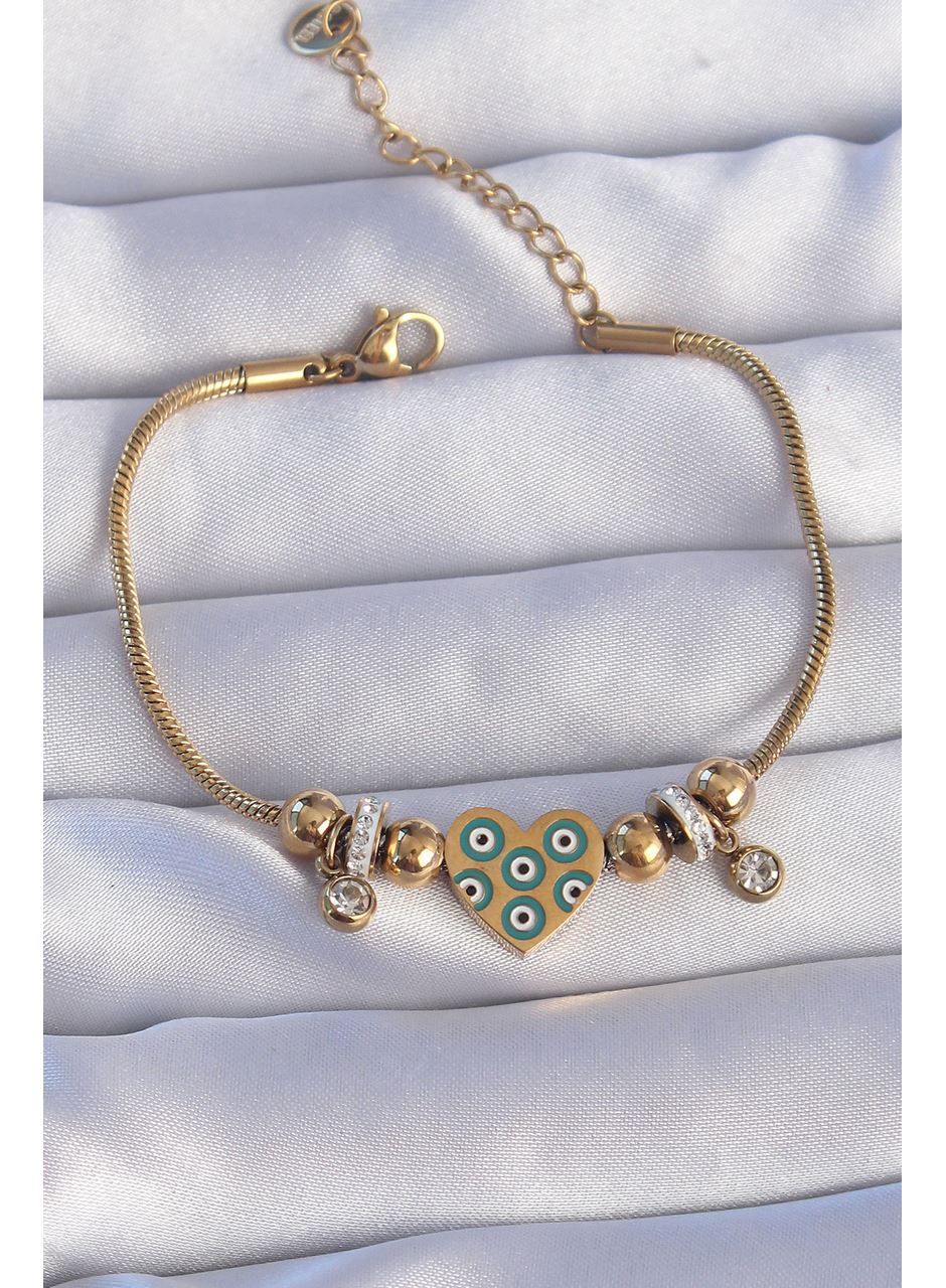 316L Çelik Gold Renk Zirkon Taşlı Nazarlı Kalp Tasarımlı Bileklik