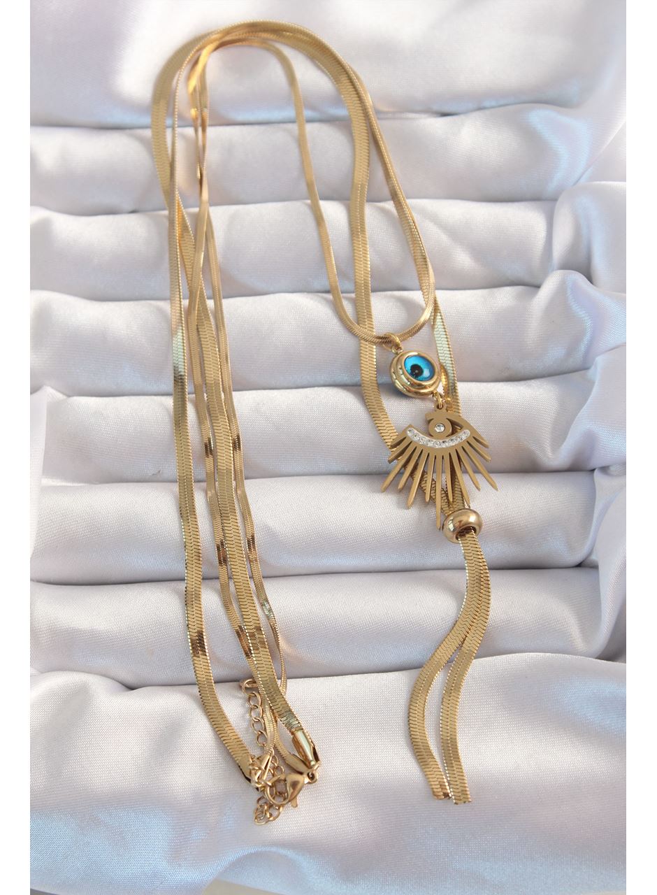316L Çelik Gold Renk Zirkon Taşlı Göz Detay Nazarlı Uzun Asansör Model Kolye