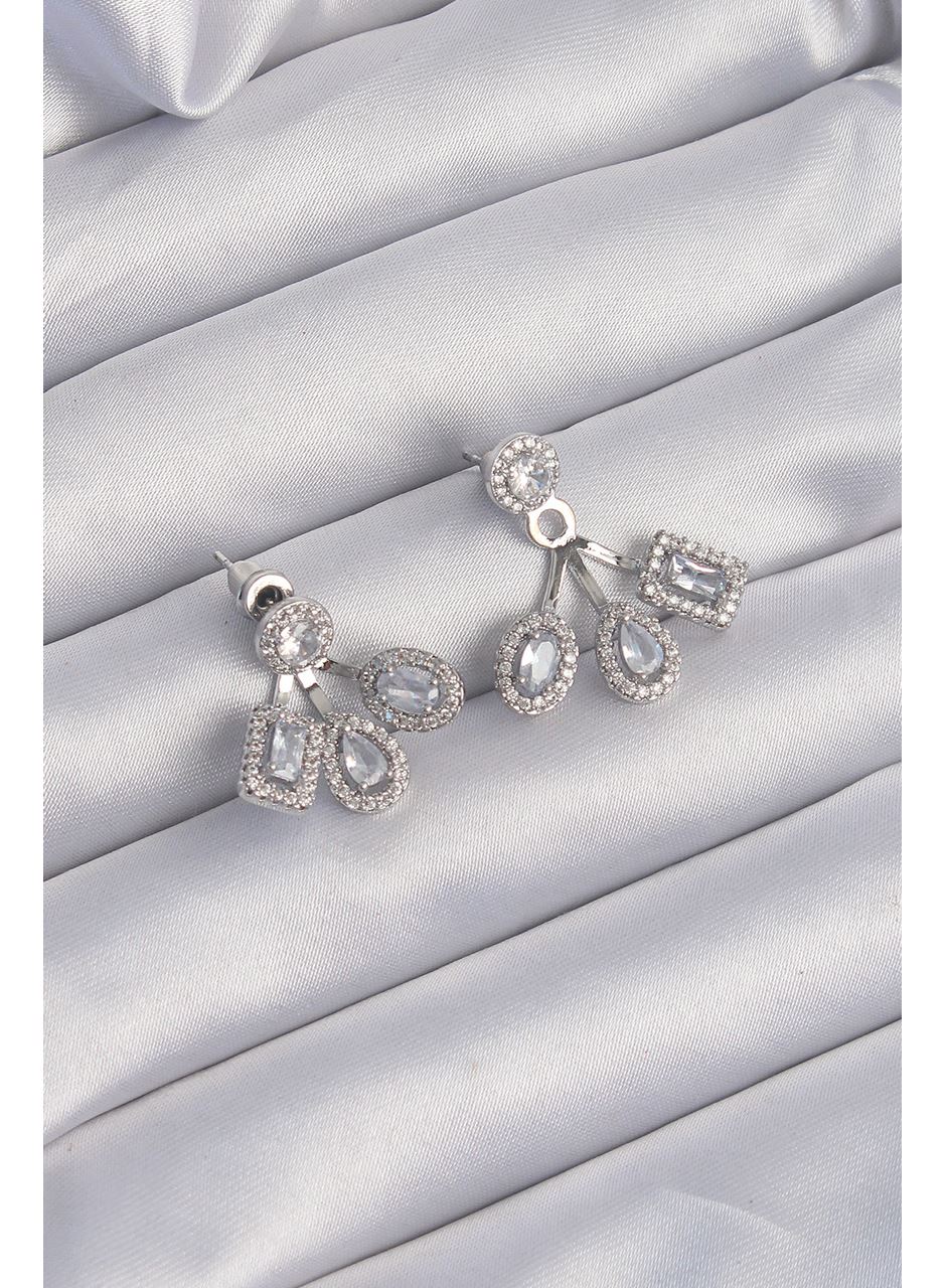 Pirinç Gümüş Renk Zirkon Taşlı Geometrik Model Küpe