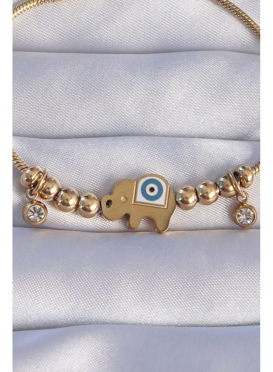 316L Çelik Gold Renk Zirkon Taşlı Nazarlı Fil Tasarımlı Bileklik