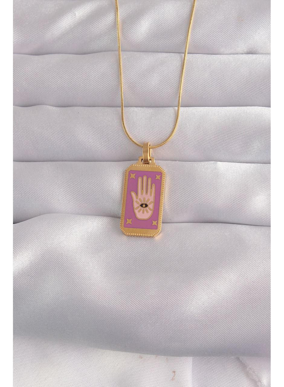 316L Çelik Gold Renk Mor Mineli El Figür Tarot Kolye