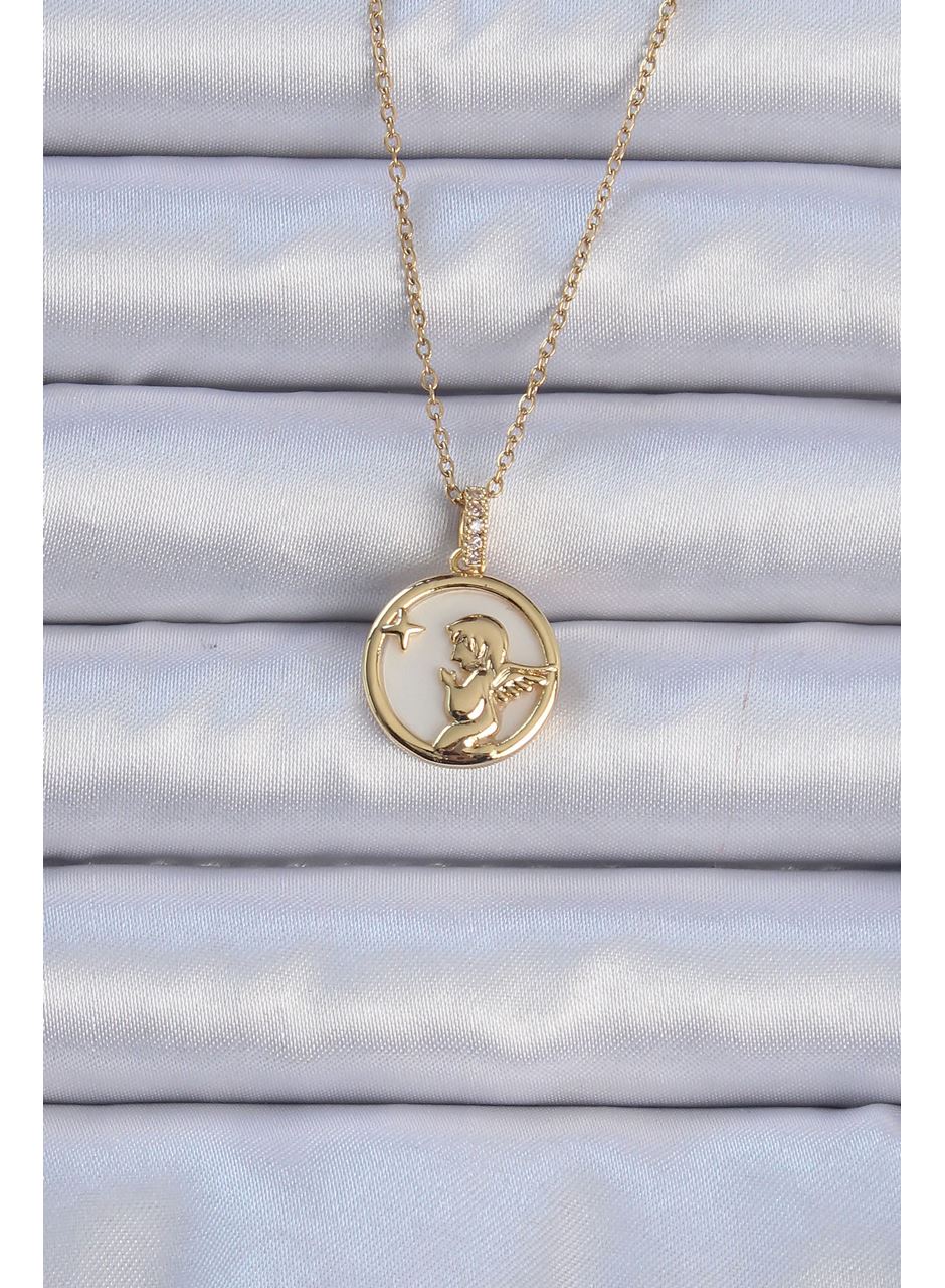 316L Çelik Zincir Altın Renk Zirkon Taşlı Mineli Melek Kolye