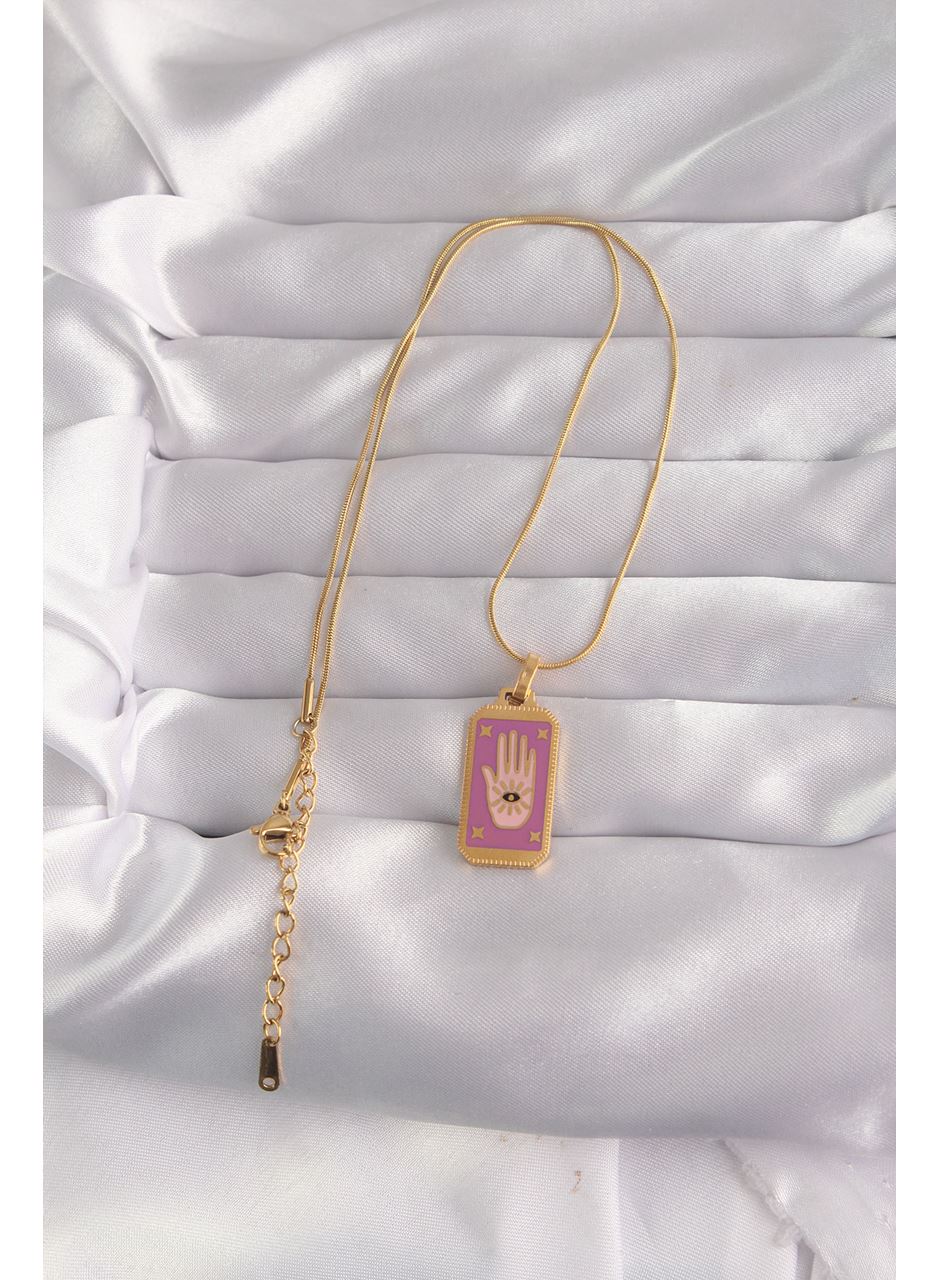 316L Çelik Gold Renk Mor Mineli El Figür Tarot Kolye
