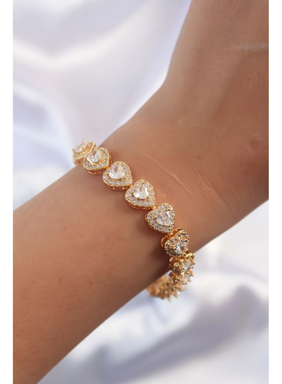 Pirinç Vip Seri Gold Renk Zirkon Taşlı Kalp Model Bileklik