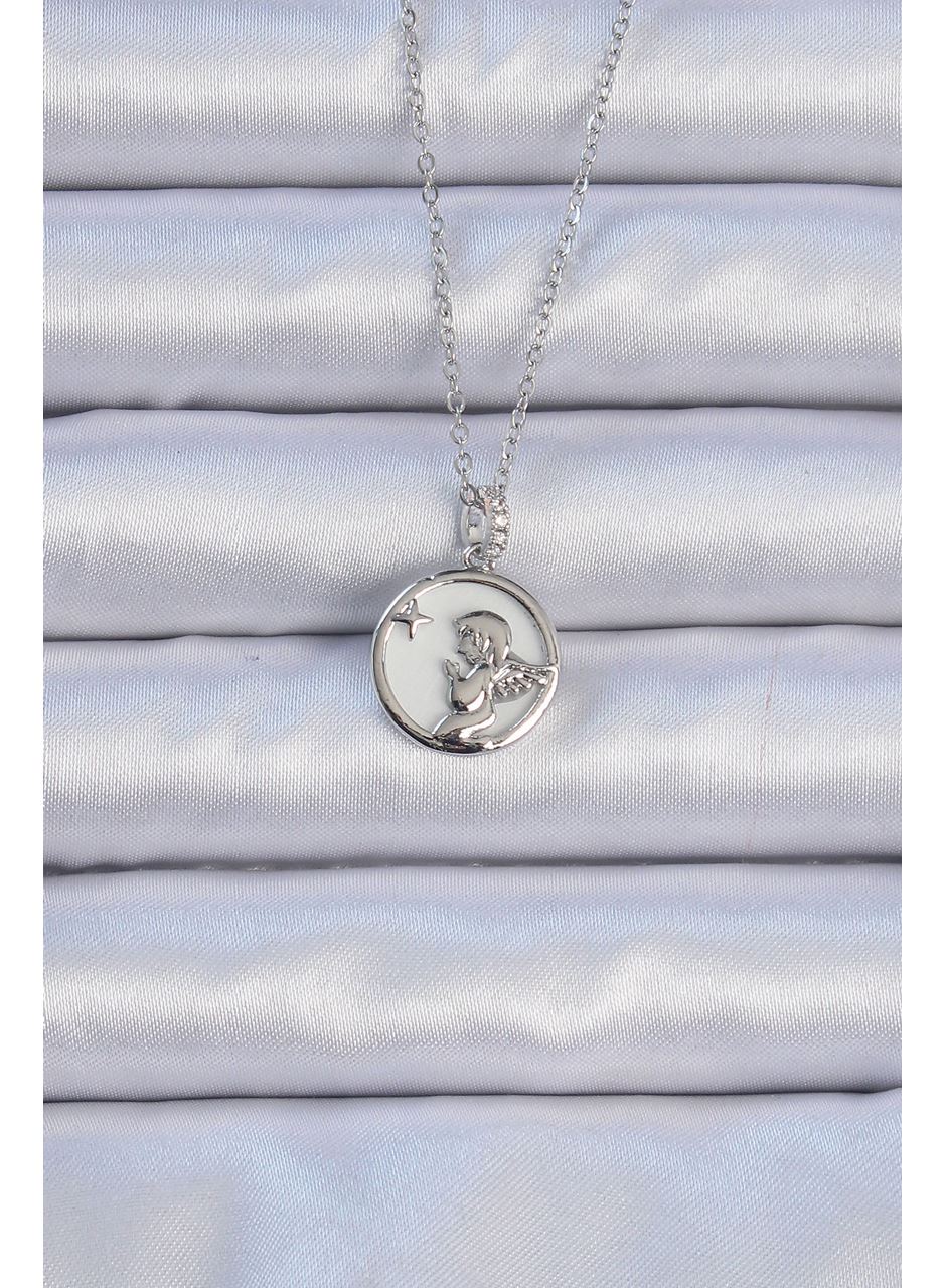 316L Çelik Zincir Gümüş Renk Zirkon Taşlı Mineli Melek Kolye