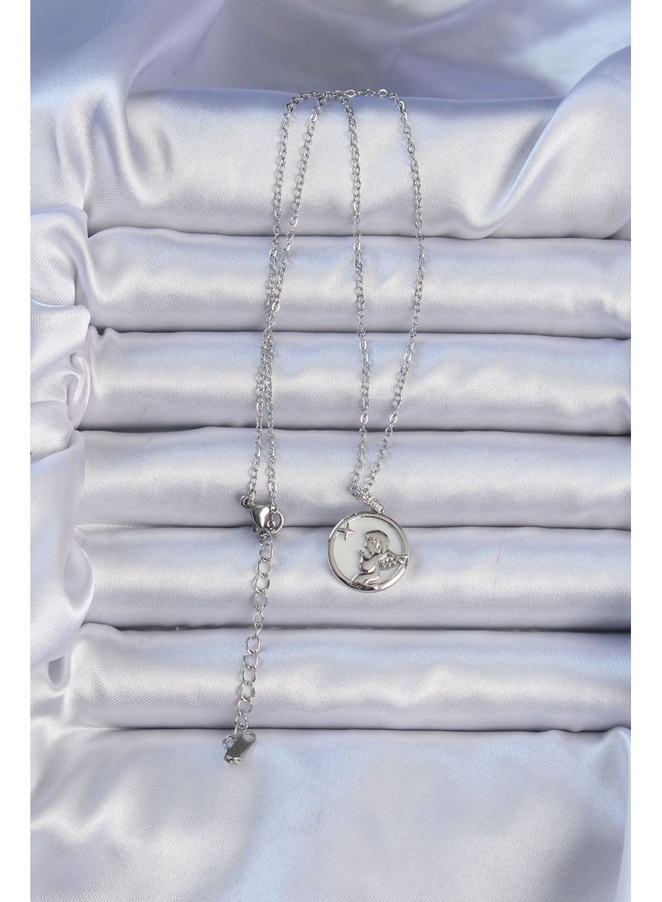 316L Çelik Zincir Gümüş Renk Zirkon Taşlı Mineli Melek Kolye