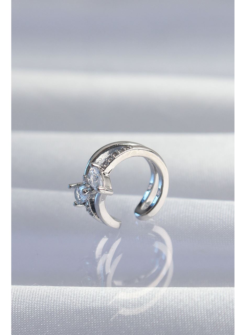 Pirinç Gümüş Renk Zirkon Taşlı Damla Earcuff Küpe