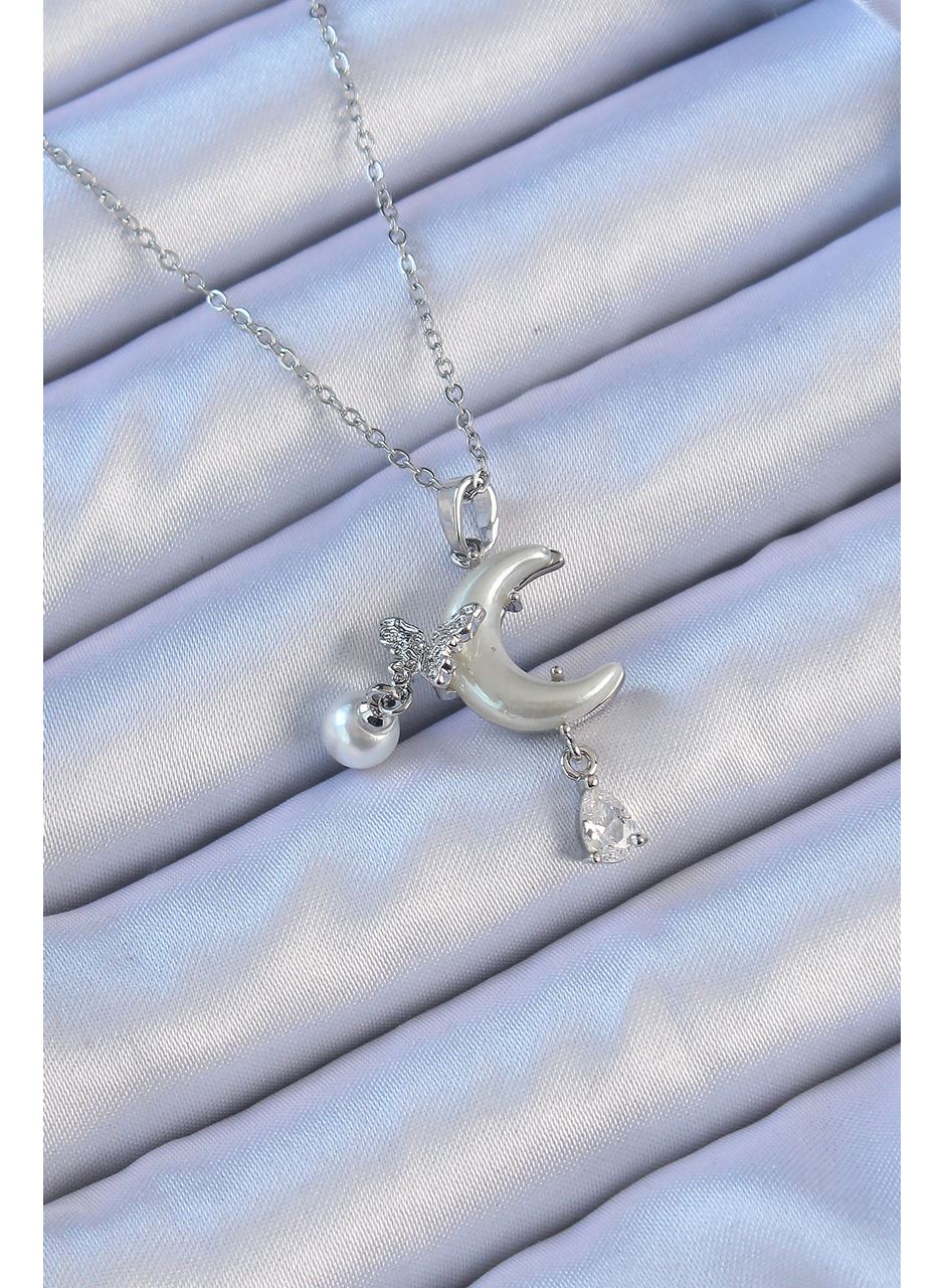 316L Çelik Zincir Gümüş Renk Zirkon Taşlı Kelebekli Mineli Ay Kolye