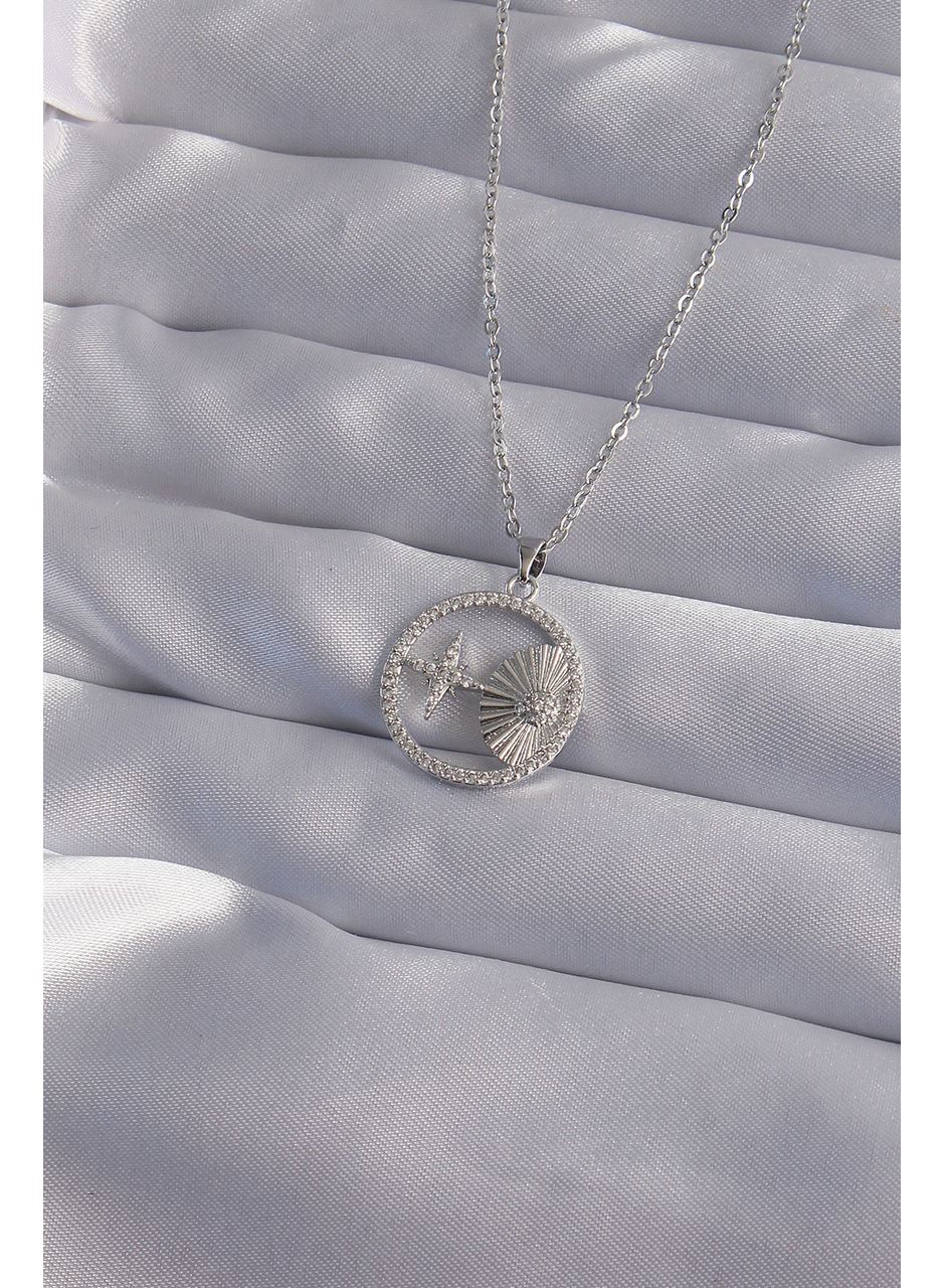 316L Çelik Zincir Gümüş Renk Zirkon Taşlı Yıldız Figürlü Oval Kolye