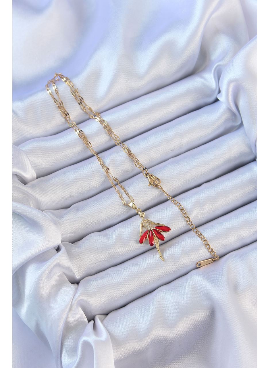 316L Çelik Zincir Altın Renk Kırmızı Etekli Zirkon Taşlı Balerin Kolye