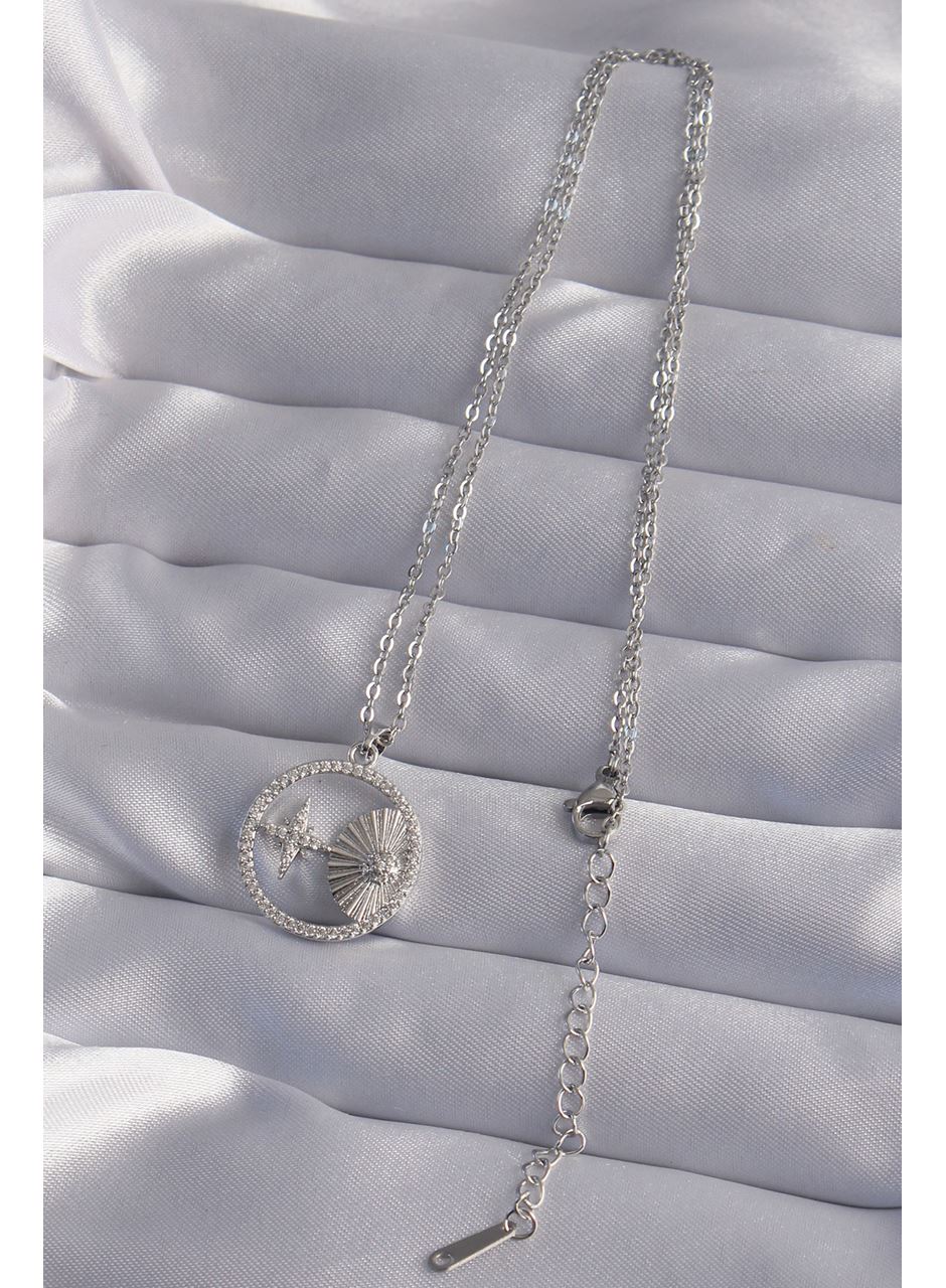 316L Çelik Zincir Gümüş Renk Zirkon Taşlı Yıldız Figürlü Oval Kolye