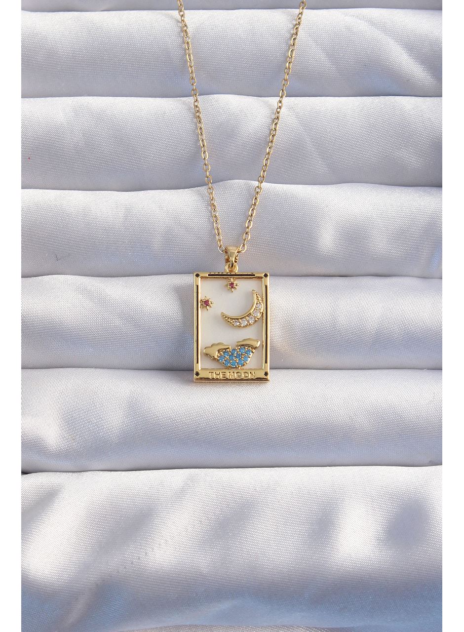 316L Çelik Zincir Gold Renk Ay Detay Mavi Zirkon Taşlı Tarot Kolye